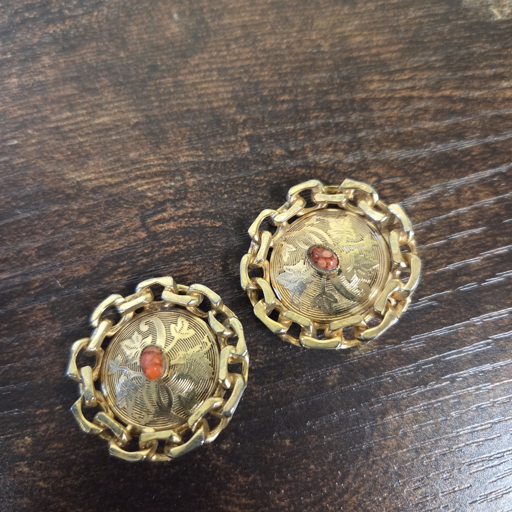 Vintage Goldtone Clip Earrings with Tiny Orange Stones